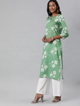 Women Cotton Green Floral Printed Straight Kurta